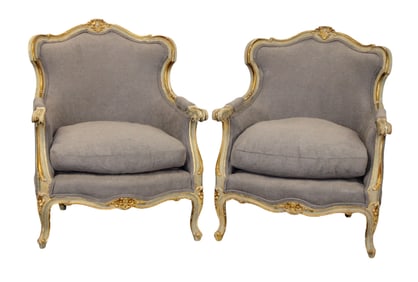 Pair of French Louis XV style bergere armchairs