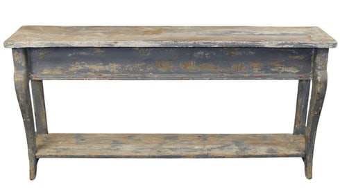 French 2 tier console table in pine with rubbed painted finish
