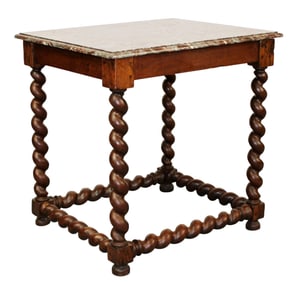 French gibier table in walnut on barley twist legs with marble top