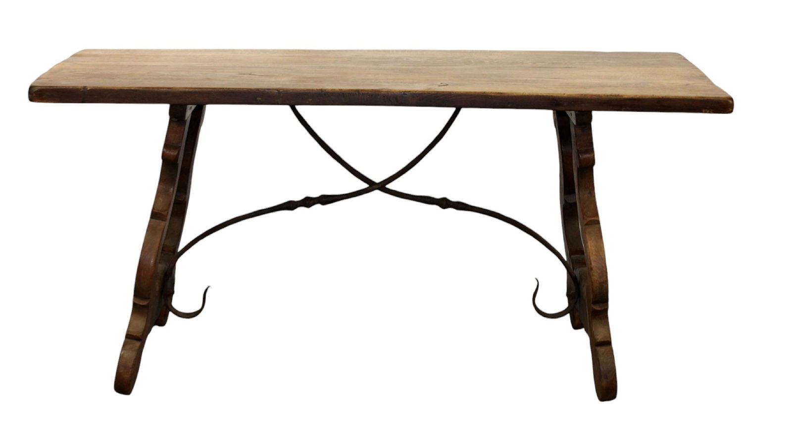 French trestle table with iron stretcher: French trestle table with iron stretcher. Mid 20th century. 29 1/2"h x 62 1/2"w x 28 3/4"d