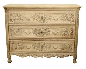 French Regency 3 drawer commode in carved bleached oak
