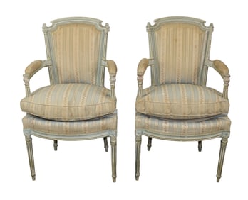 Pair of French Louis XVI style armchairs in painted finish