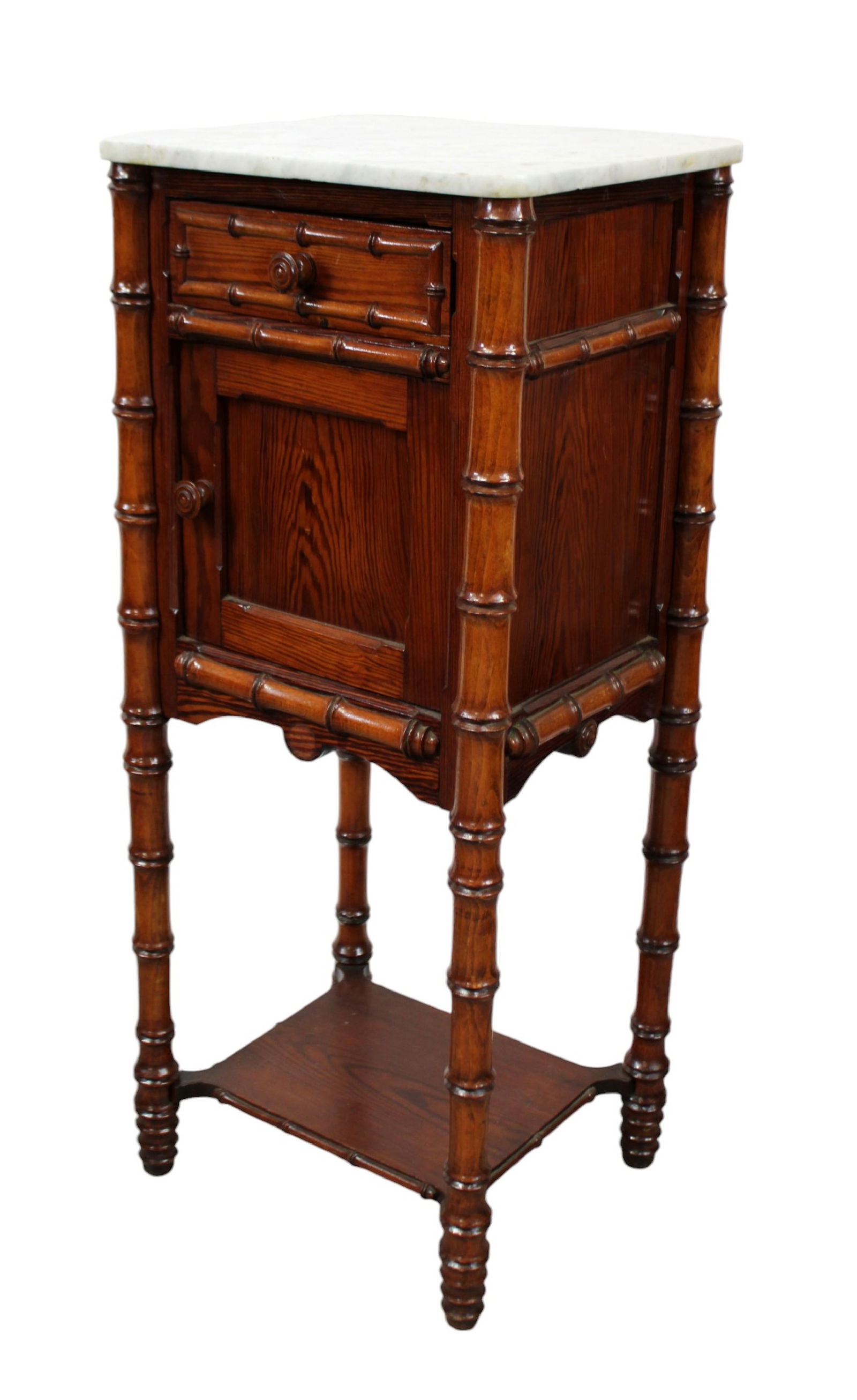 French faux bamboo chevet night stand in pine with marble top (1 of 11)