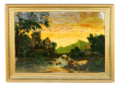 American reverse on glass painting landscape with cows