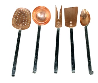 Lot of 5 pieces French copper utensils with iron handles