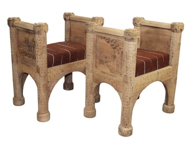 Pair of unusual French castle form benches with chateaux carved in relief