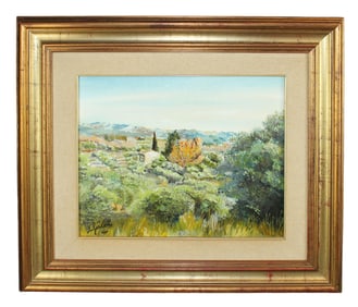 French oil on canvas landscape painting depicting Baux Maussane by Galen