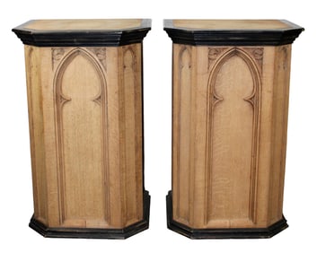 Pair of Gothic Revival pedestals in bleached oak with ebony trim