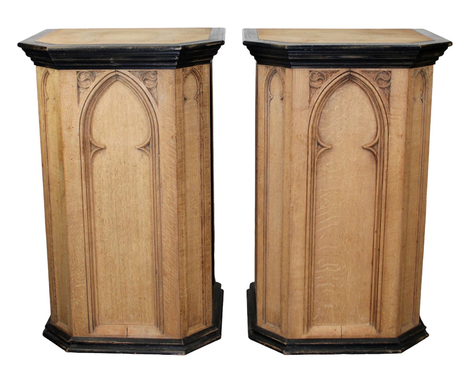 Pair of Gothic Revival pedestals in bleached oak with ebony trim (1 of 10)