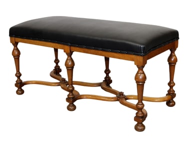 French 6 leg backless bench in fruitwood with curved stretcher