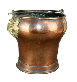 French copper pail with bronze griffin mount and iron handle