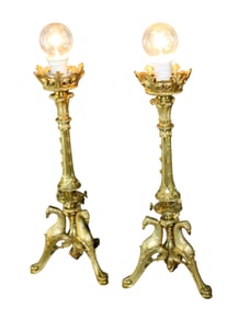 Pair of French brass pillar candlesticks mounted as lamps