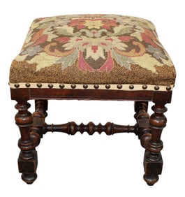 French Louis XIII style foot stool in walnut with tapestry upholstery