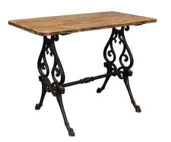 French cast iron base bistro table with rustic pine top