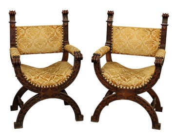 Pair of French curule throne chairs in oak