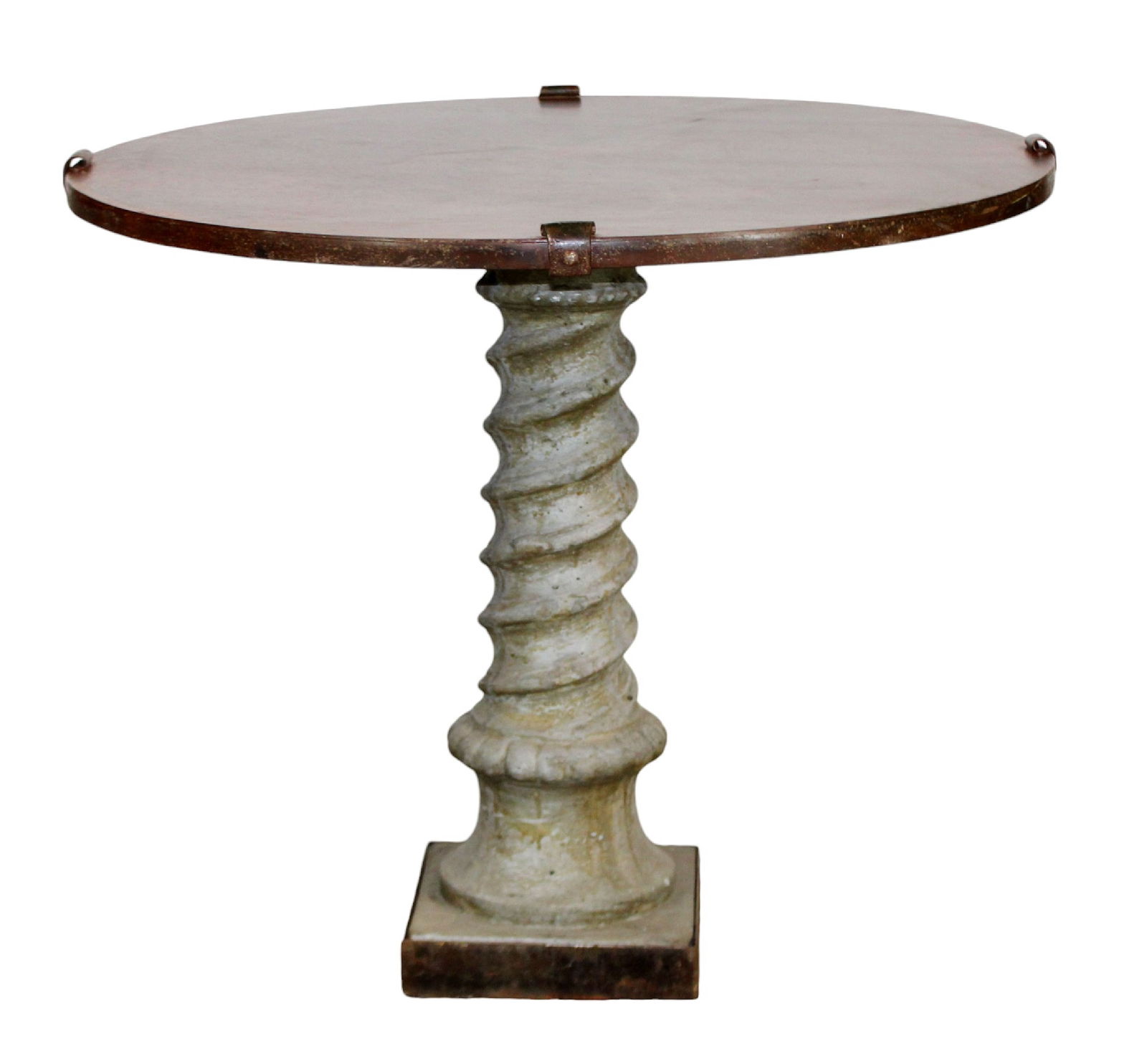 French Heritage foyer table on cast stone pedestal base with round iron top (1 of 8)