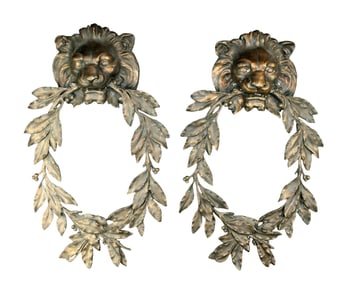 Pair of patinated metal lion masks