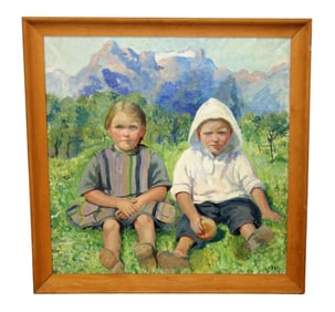 Alice Conklin Bevin (1893-1969) oil on canvas painting portrait of 2 young children