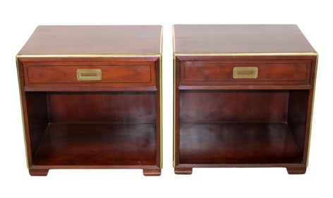 Pair of Baker mahogany campaign style side tables