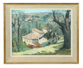 French oil on canvas painting - cubist style landscape