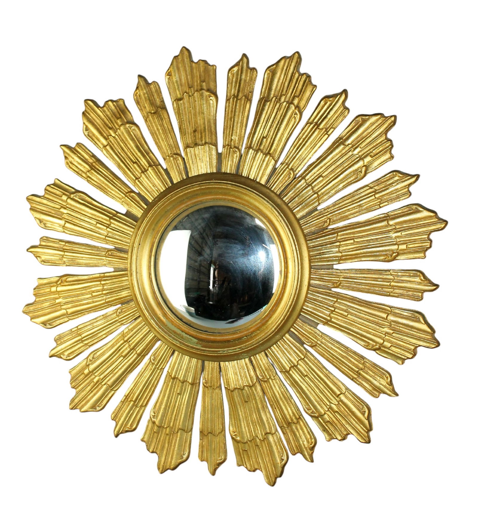 French sunburst mirror with convex glass: French giltwood sunburst mirror with convex glass. Mid 20th century. 25" dia x 2 3/4"d. Weight: 7lbs