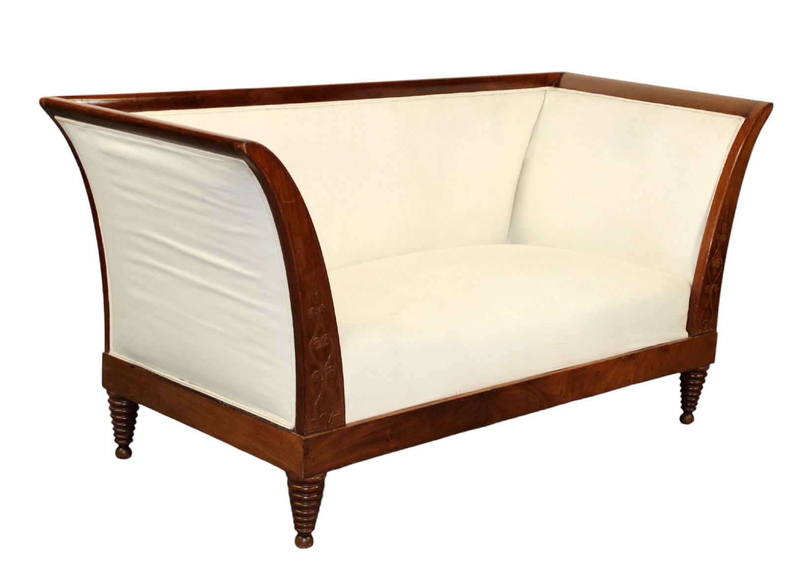 Vintage flared sofa with white upholstery: Vintage flared sofa with white upholstery on turned legs 31 1/2"h x 62 3/4"w x 26 1/2"d