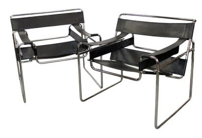 Pair of Wassily style leather and chrome armchairs