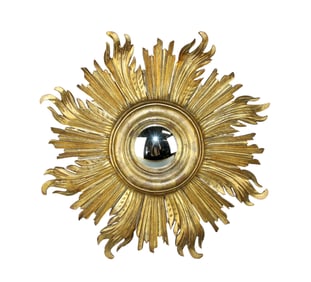 French giltwood sunburst mirror with convex glass