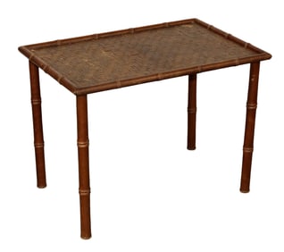 French petite faux bamboo table with woven top