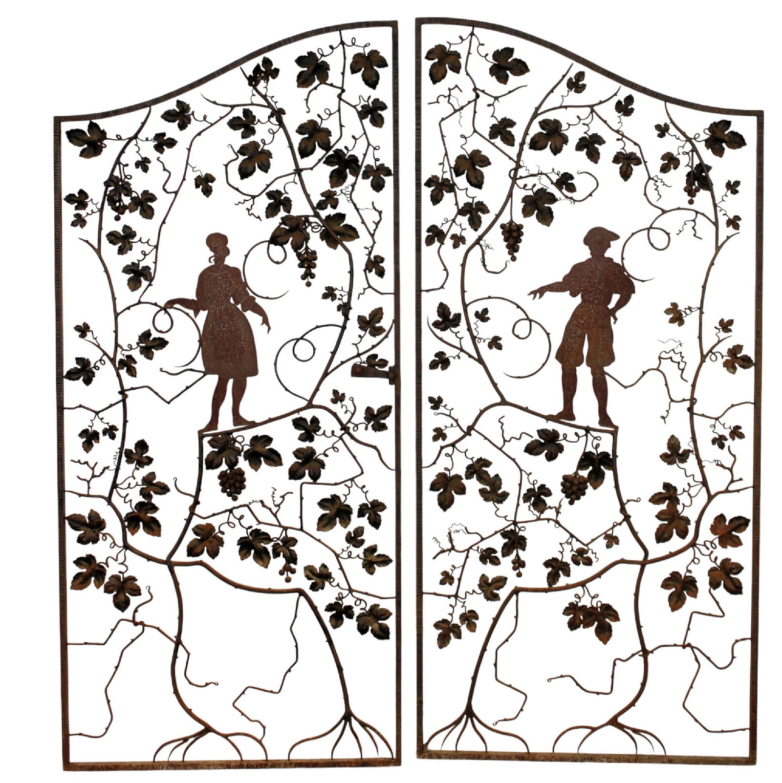 Pair of French iron garden gates with silhouetted figures (1 of 10)