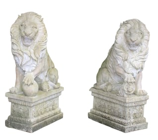 Pair on carved marble entry lions on plinths