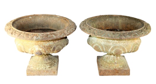 Pair of French cast iron Medici urns