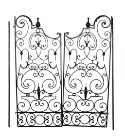 Pair of French verdigris scrolled iron garden gates