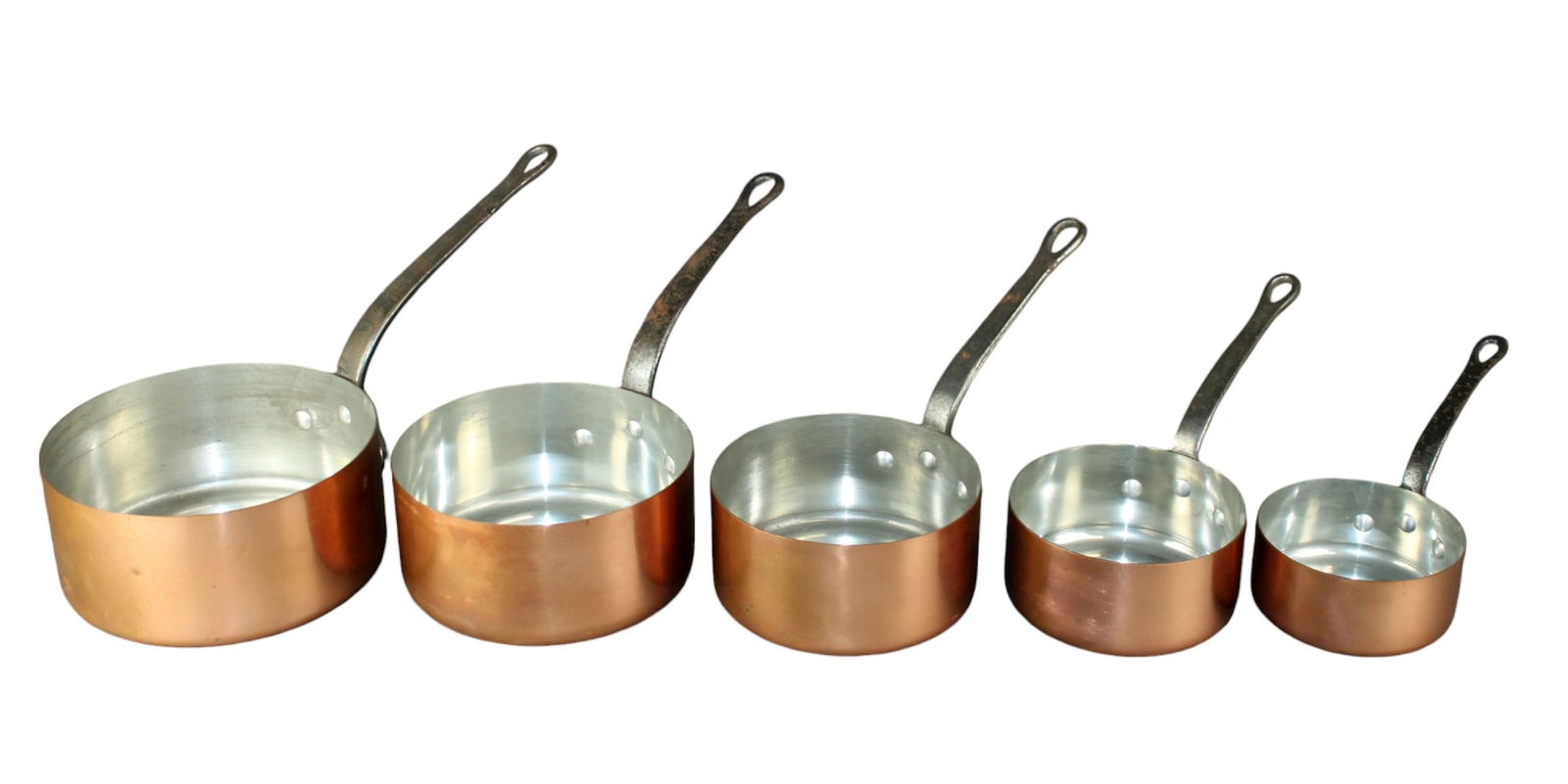 Set of 5 French copper sauce pans with iron handles (1 of 9)