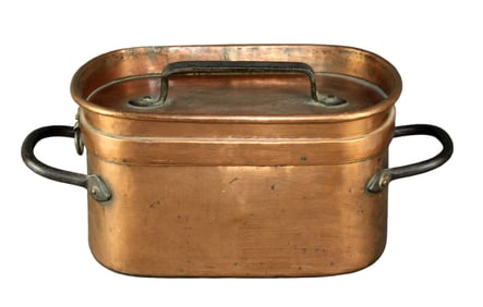 French copper lidded daubière stew pot with iron handles