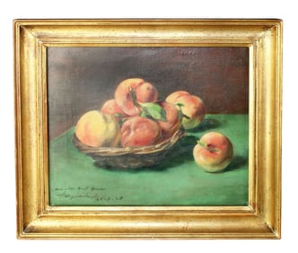 French oil on canvas depicting a basket of peaches