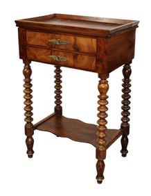 French side table in burled walnut on twist legs with 2 drawers