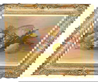 French oil on board painting with fruit