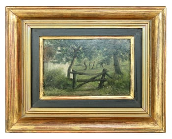 French diminutive oil on board painting landscape scene
