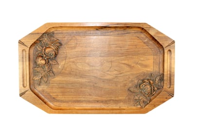 French large tray in walnut with carved roses
