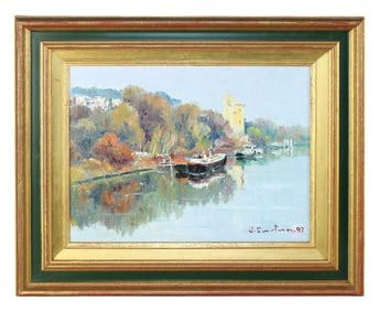 French Jean Castan oil on canvas painting river scene