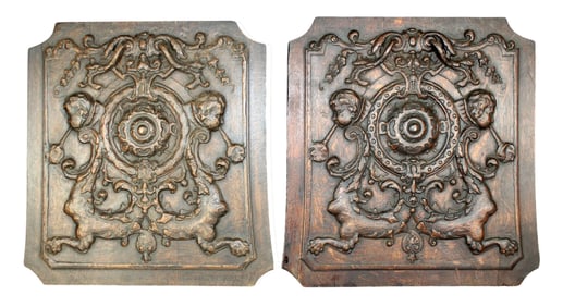 Pair of French relief carved oak panels with mythological figures
