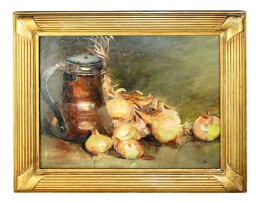 Oil on canvas depicting still life with onions