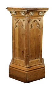 Gothic style relief carved pine hexagonal pedestal