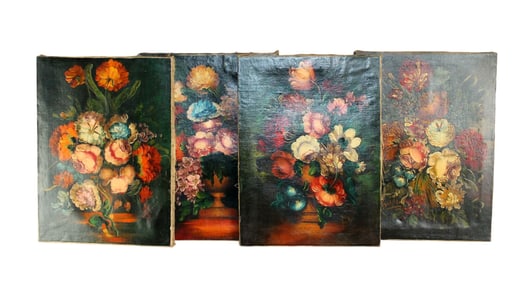 Set of 4 signed floral still life oil on canvas paintings