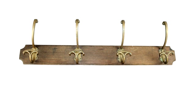 French wall mount coat rack in oak with brass hooks