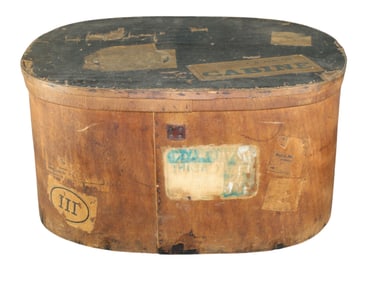 French bentwood hat box with travel stickers