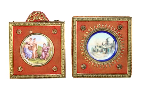 Lot of 2 miniature framed porcelain plaques