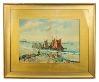 Watercolor on paper painting sailboats along shoreline