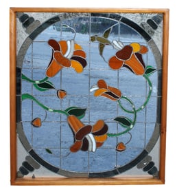 Stained and leaded glass window with hummingbirds